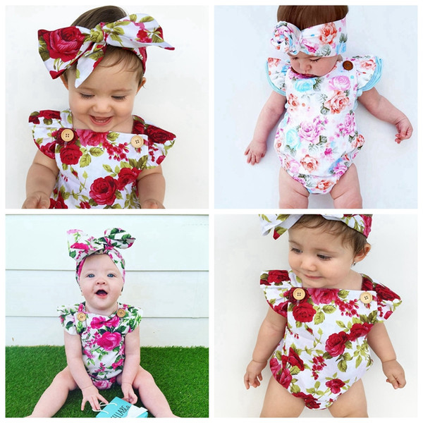 Newborn baby girl clothes summer flower romper jumpsuit onesies +headband 2pcs kid clothing boutique outfits babies girls toddler 0-24M