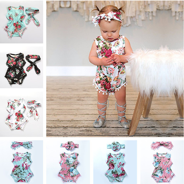 Summer Baby Girl Rompers Pretty Flower Tassel Romper + Headband 2PCS Baby Girls Clothing Floral Jumpsuits Kids Girl Jumpsuit Outfits B11