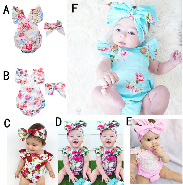 6 Styles Infants Baby Girl Floral Rompers Bodysuit With Headbands Ruffles Sleeve 2pcs Set Buttons 2017 Summer INS Romper Suits 0-2 years