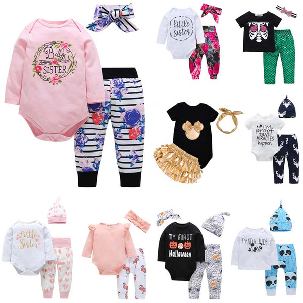 25 styles Newborn Baby Boy Girls Clothes Christmas hollowen Outfit Kids Boy Girls 3 Pieces set Romper+ Pant + Hat Baby kids Clothing sets