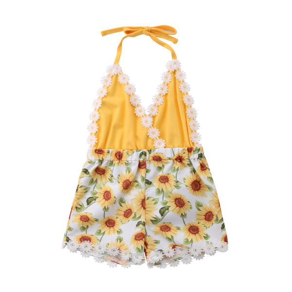 Newborn Baby Girls Clothing Sunflower Romper Sleeveless V Neck Halter Backless Jumpsuit Outfits Clothes Baby Girl