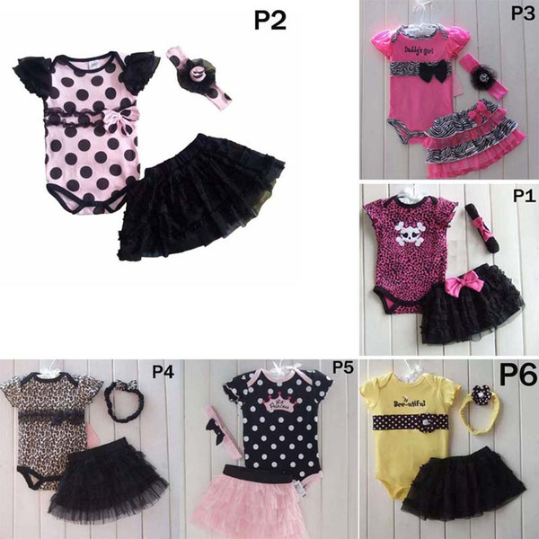 6 Styles Baby Kids 3pcs Clothes Romper + Tutu Skirt + Headband Set Fashion Leopard Dots Skull Lace Tutu Outfits Children Romper C