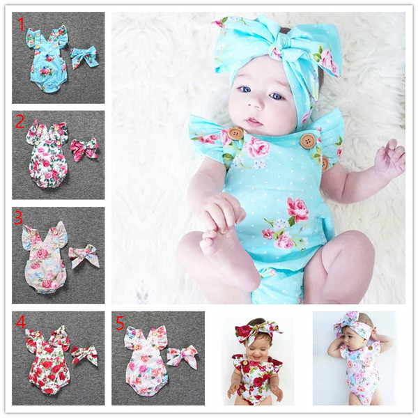 2018 Newborn Baby Girls Summer Floral Rompers +headhand 2pcs Set Baby Girls Infants Flower Jumpsuit Clothes Outfits 0-24M