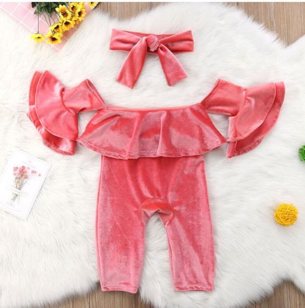 baby velvet big trumpet long sleeve off shouler romper + velour big bow headband 2pcs outfit set double flared sleeves toddler girls