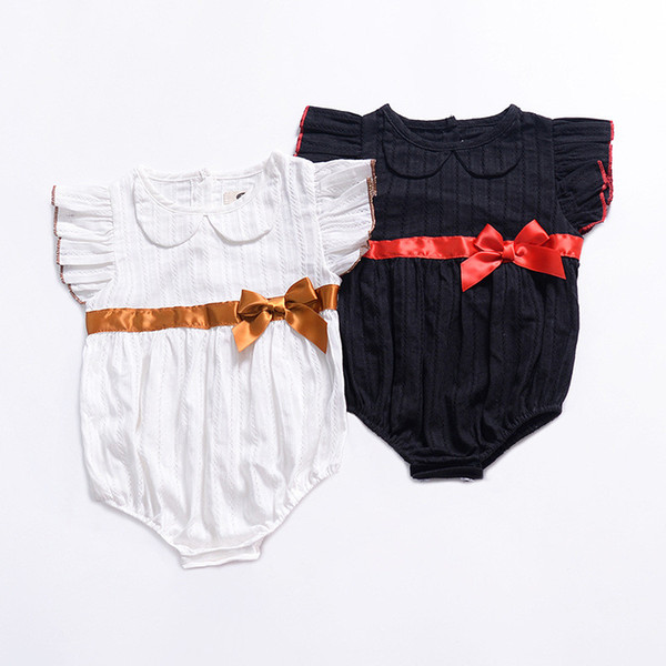 Baby Jumpsuits INS Summer Girls Fly Sleeve Solid Color Bowknot Triangle Pants Infant Rompers Newborn Romper Kids Clothing Q80