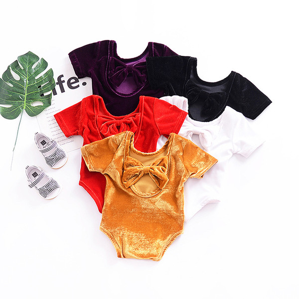 2018 Summer Baby Girl Rompers Short Sleeve Backless Bowknot Pleuche Romper Jumpsuit Infant Baby Corduroy Rompers Newborn Clothes 5 Colors