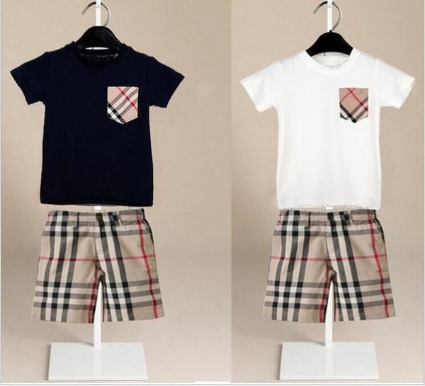 designer boys sets 2018 Baby kids 2 Pieces sets plaid pocket short sleeved shirt + plaid shorts kids clothing sets 2 colors