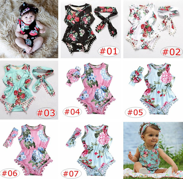 INS Baby Floral Romper Sets Print Floral Tassels Rompers Bow Headband Kids Summer Jumpsuits Flower Sleeveless Bodysuits Baby Kids Clothing