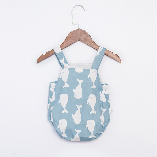 Everweekend Ins Hot Baby Boys Girls Suspender Button Cute Print Whale Cartoon Rompers Summer Fashion Infant Toddler Romper Clothing