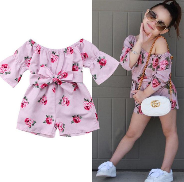 INS Baby girls rose Flower print romper children stripe Off Shoulder Jumpsuits 2019 summer fashion Boutique kids Clothing B11