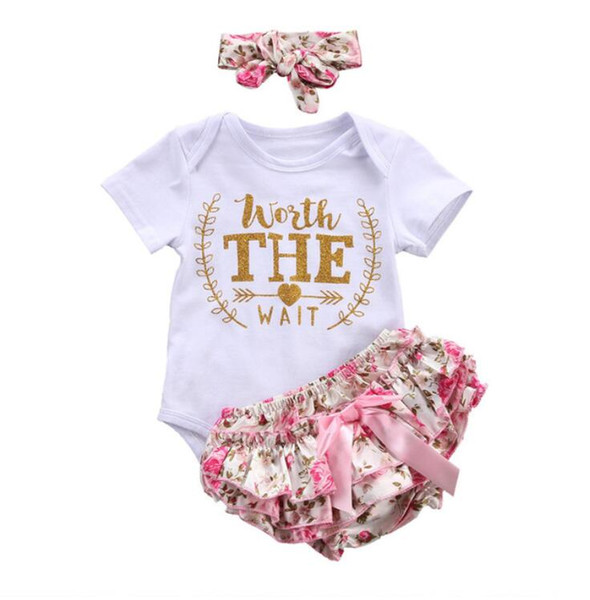 3PCS/Set Cute Newborn Baby Girl Clothes Worth The Wait Baby Bodysuit Romper+Ruffles Tutu Skirted Shorts Headband Outfits