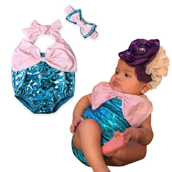 Baby Girls Lace Up Romper 2pc sets Bowknot Headband lace up Mermaid scale Romper Infants cute summer rompers outfits 4sizes for 1-2T