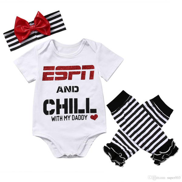 newborn baby Girls clothing set ESPN and Chill with My Daddy Romper Jumpsuit Leg Warmers Headband Outfit