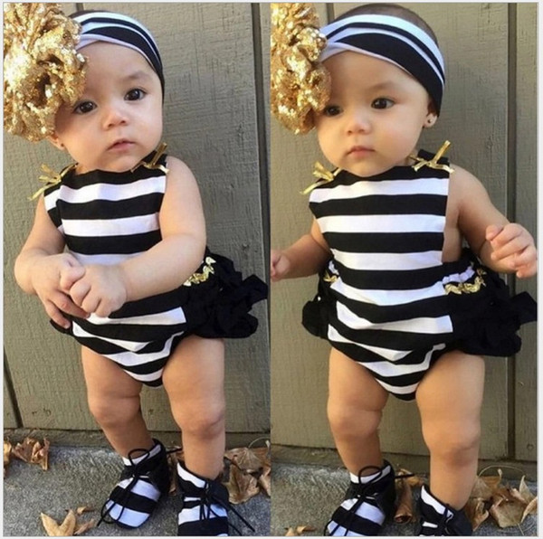 2018 Baby Girls Summer Striped Rompers With Bow Hair Band Toddler Clothing One-Piece Infant Onesies Newborns Jumpsuits 0-24 Months Retail