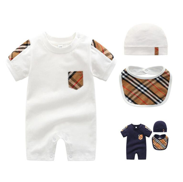 Baby Boys Girls Rompers Short sleeve Plaid Infant Jumpsuit + Hat + bibs 3Pcs Casual Outfit Newborn Baby Clothes suit Romper