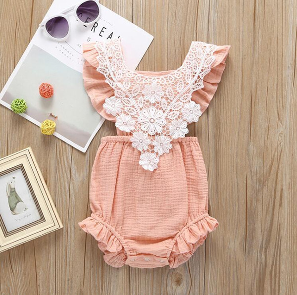 Baby Girls Lace Cotton Bandage Rompers Boutique Summer 2019 Kids Clothing Infant Toddlers Sleeveless Solid Color Triangle Onesies