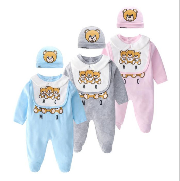 Retail baby boy girl Rompers clothes newborn baby Long sleeves Cartoon Jumpsuit Kids Baby Clothes newborn clothing Infant romper + hat + bib