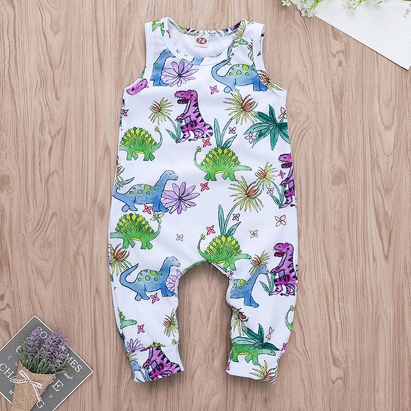 Girl Dinosaur Print Sleeveless Romper Baby Summer White Jumpsuit Kids Clothes One Piece