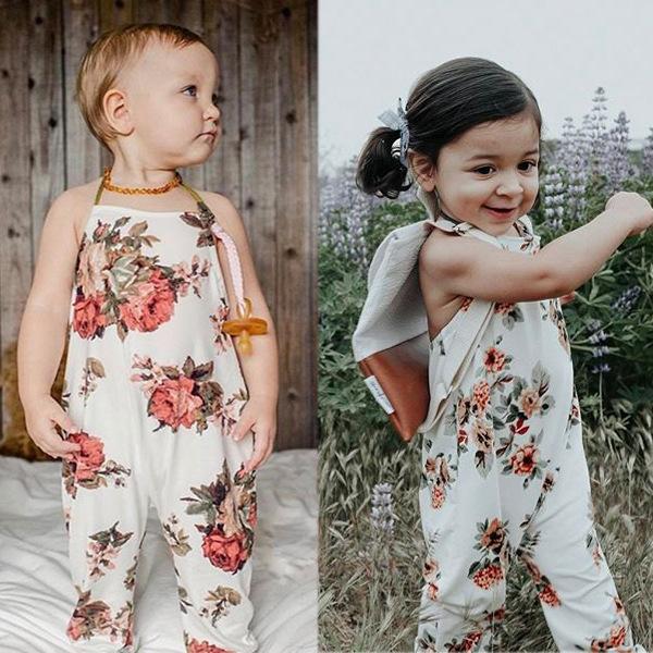 2018 european style summer baby girl floral print backless halter climb rompers for 0-5years