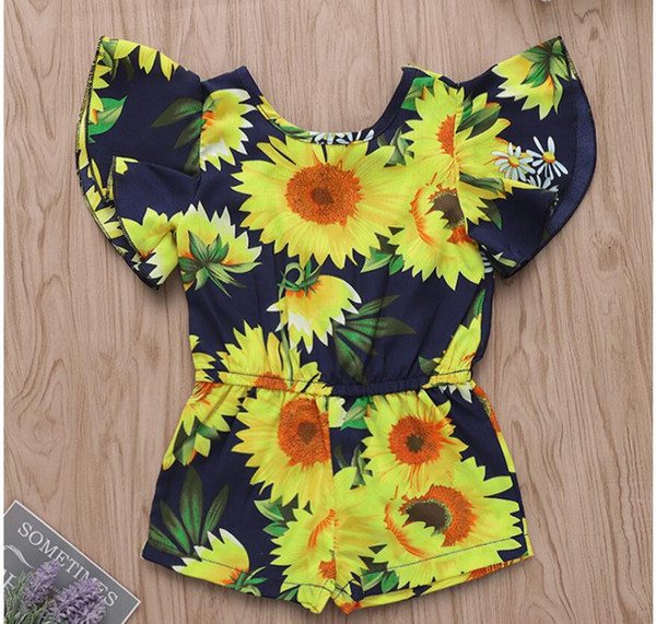 Baby Sunflower Print Mandarin Sleeve Jump Suit Girl Summer Jumpsuit Kids One Piece Clothes ZHT 174