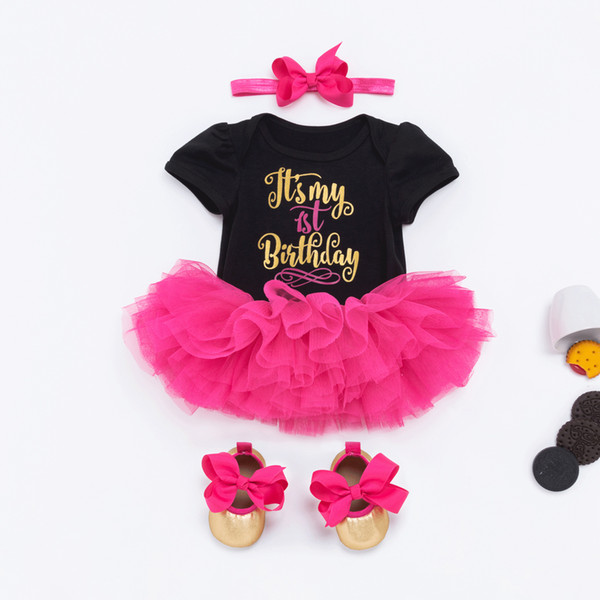 Baby Girl 1st Birthday Princess Tutu Skirts 0-24 Month Newborn Infant Rompers Dresses Cotton Rompers+Rose Tutu skirt+Shoes+Headband=4PCS/Set