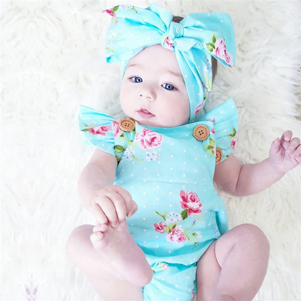 Girls Romper + Headband Baby Toddler With Printed Flower 2 Pieces Children One Pieces The Little Baby Clothes 2019 New Arrival Kids Clothes