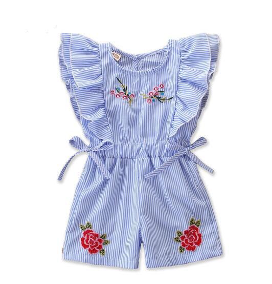 New children's jumpsuit summer girls fly sleeve lace embroidered striped jumpsuit