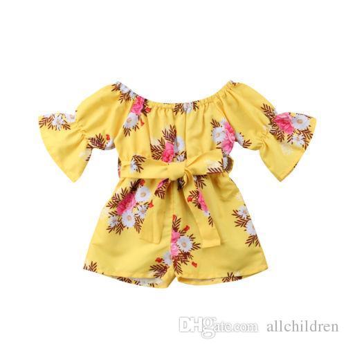 Pretty Kids Baby Girl Floral Romper Girl Summer Flared Sleeve Bow Belt Jumpsuit Girl Boho Sunsuit Cotton Clothes 6M-5Y