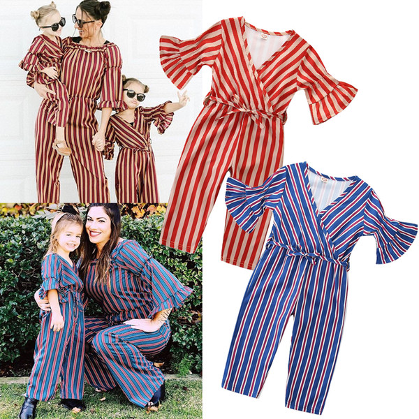 New children's clothing 2019 hot sale summer girls fashion trend fan stripes 2 color trumpet sleeves jumpsuit