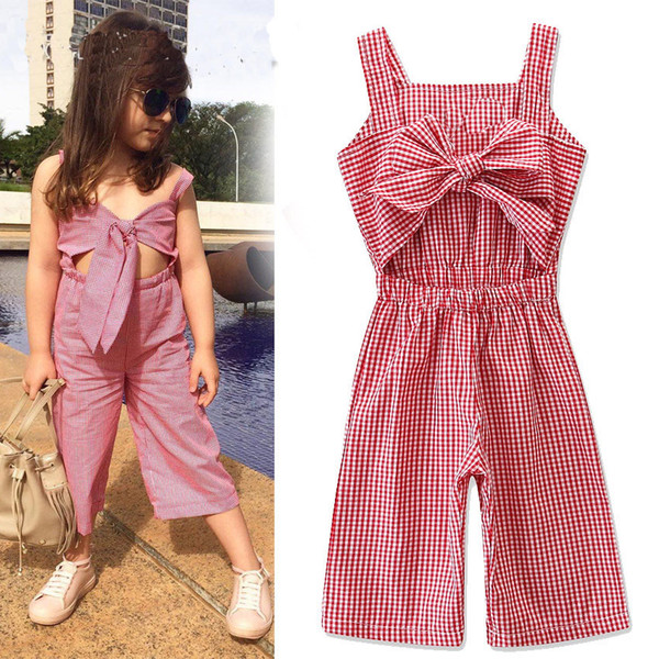 2019 new children's clothing summer fashion personality cotton girl sling bow pink fine jumpsuit