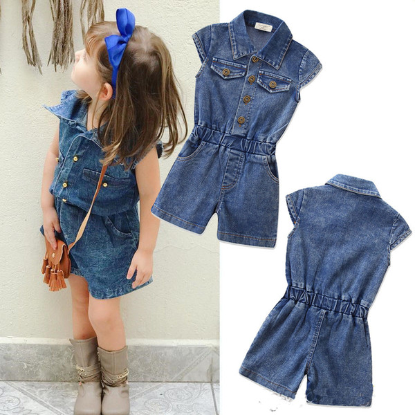 2019 summer new children's fashion blue short-sleeved girl denim jumpsuit shorts