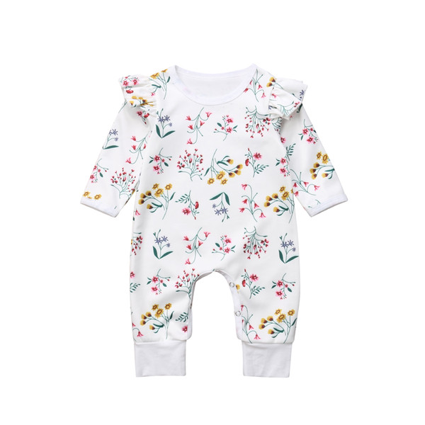 2018 New Arrival Newborn Baby Girls Floral Long Sleeve O-neck Romper Cotton Casual White Bodysuit Playsuit Clothes Outfit 0-24M