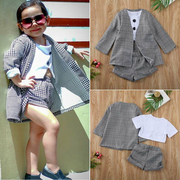 1-6 Years Cute Newborn Baby Girl Kid Clothes Set Print Plaid Coat Short Shirt Top Pants Coat Formal Clothes Outerwear