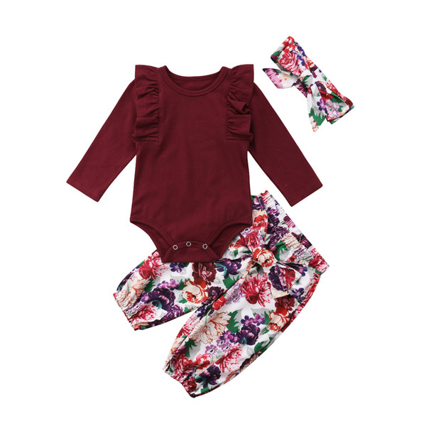 Newborn Kid Baby Girls Long Sleeve Solid Romper Jumpsuit Flower Pants Floral Headband Outfit Set