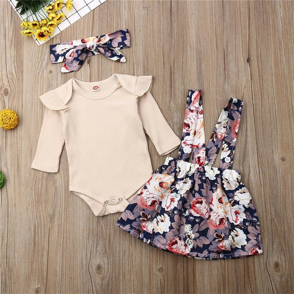 Newborn Kids Baby Girls Clothes round neck Ruffle solid long sleeve Bodysuit strap Floral print skirts bow Headband 3pc outfits