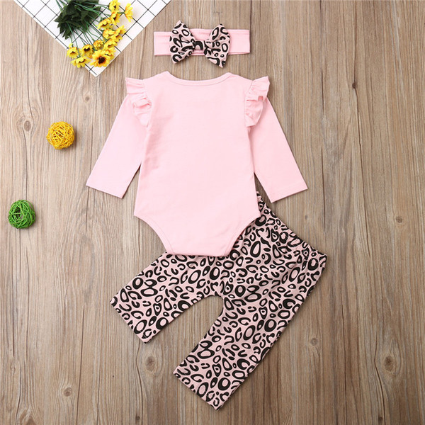 Newborn Baby Girls Clothes Set Pink Long Sleeve Ruffles Tops T-shirt+Leopard Prinetd Pants Headband Outfits Baby Girls Fall Set