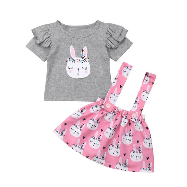 2Pcs Newborn Kids Baby Girls Easter Bunny Tops Ruffle Short Sleeve T-shirt Overall Mini Dress Outfits Clothes Set