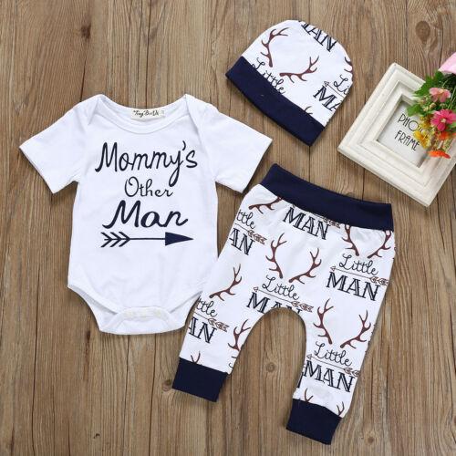 3PCS Set Newborn Infant Baby Boy Kids Cotton Letter Printed Jumpsuit Bodysuit Pant Hat Cotton Clothes Outfit Set