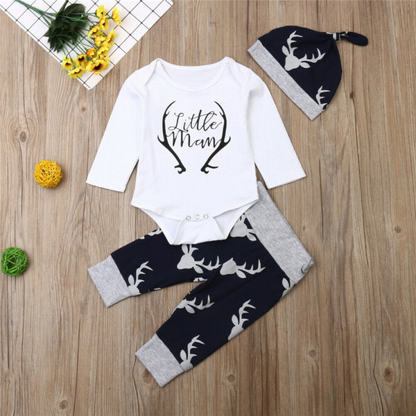 Newborn Baby Boys Clothes Letter Print White Long Sleeve Romper+ Leggings Pants+Hat Kids Infant Girls Clorthing Outfits Set