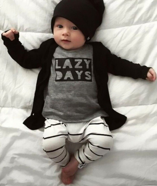 2Pcs Cute Newborn Baby Boys Girls Clothes Cotton Long Sleeve Letter Tops Striped Pants Outfits Clothes Set