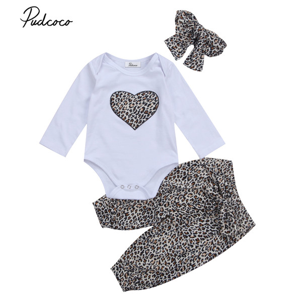 Brand New Lovely Newborn Toddler Infant Baby Girl Romper +Long Floral Pants+Headband 3Pcs Outfit Leopard Heart Clothes Sets