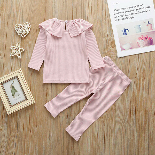 Knitted cotton comfortable solid outdoor leisure toddler baby girl clothes set ruffled rust Top+ pants 2Pcs girl clothes