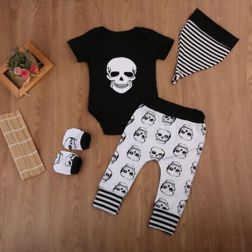 4PCS Infant Baby Boy Outfits Cool Human skeleton Print Romper Short Sleeve Shirt Long Pants Hat Headband Outfits Clothes Set