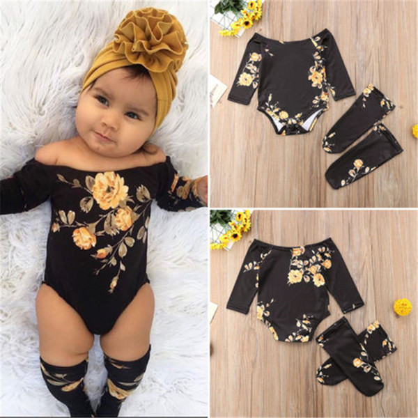 Girl Jumpsuits 0-24M Baby Girl Flower Off Shoulder Romper Jumpsuit+ 3Pcs Outfit Clothes