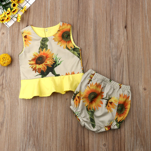 Infant Newborn Baby Girls Clothing Set Sunflower Vest Tops + Ruffles Bloomer Shorts Outfist Flower Baby Girl Costmes