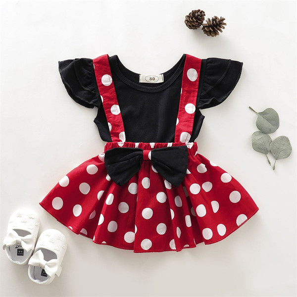 2Pcs Kid Infant Baby Girl Polka Dot Dress Clothes + Black Soild Shirt Tops Skirt Outfit Set