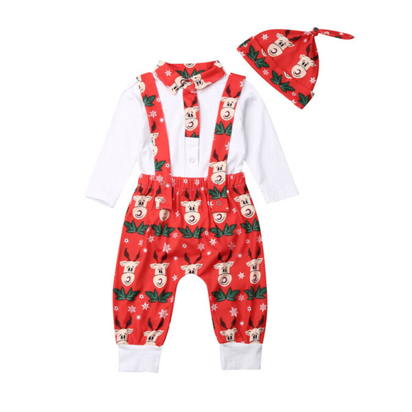 Xmas Newborn Baby Boy Girl Clothes Sets Deer Print Outfit Long Sleeve Romper Tops Pants Hats 3PCS Christmas Set