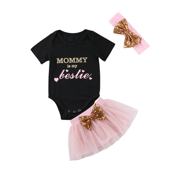 Infant Baby Girl Mommy is My Bestie Short Sleeve Romper+Tutu Tulle Skirt+Bowknot Headband Sets Outfits Clothes