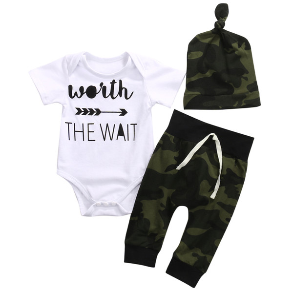 3PCS!! Newborn baby Boys Clothes Set Short Sleeve Romper+Camouflage Pants+Hat infant clothes 3pcs suit baby girl clothing sets