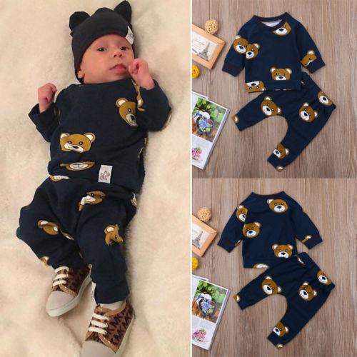 Newborn Toddler Infant Kids Baby Boy Clothes Bear Long Sleeve T shirt Tops+Long Pants Outfit Set